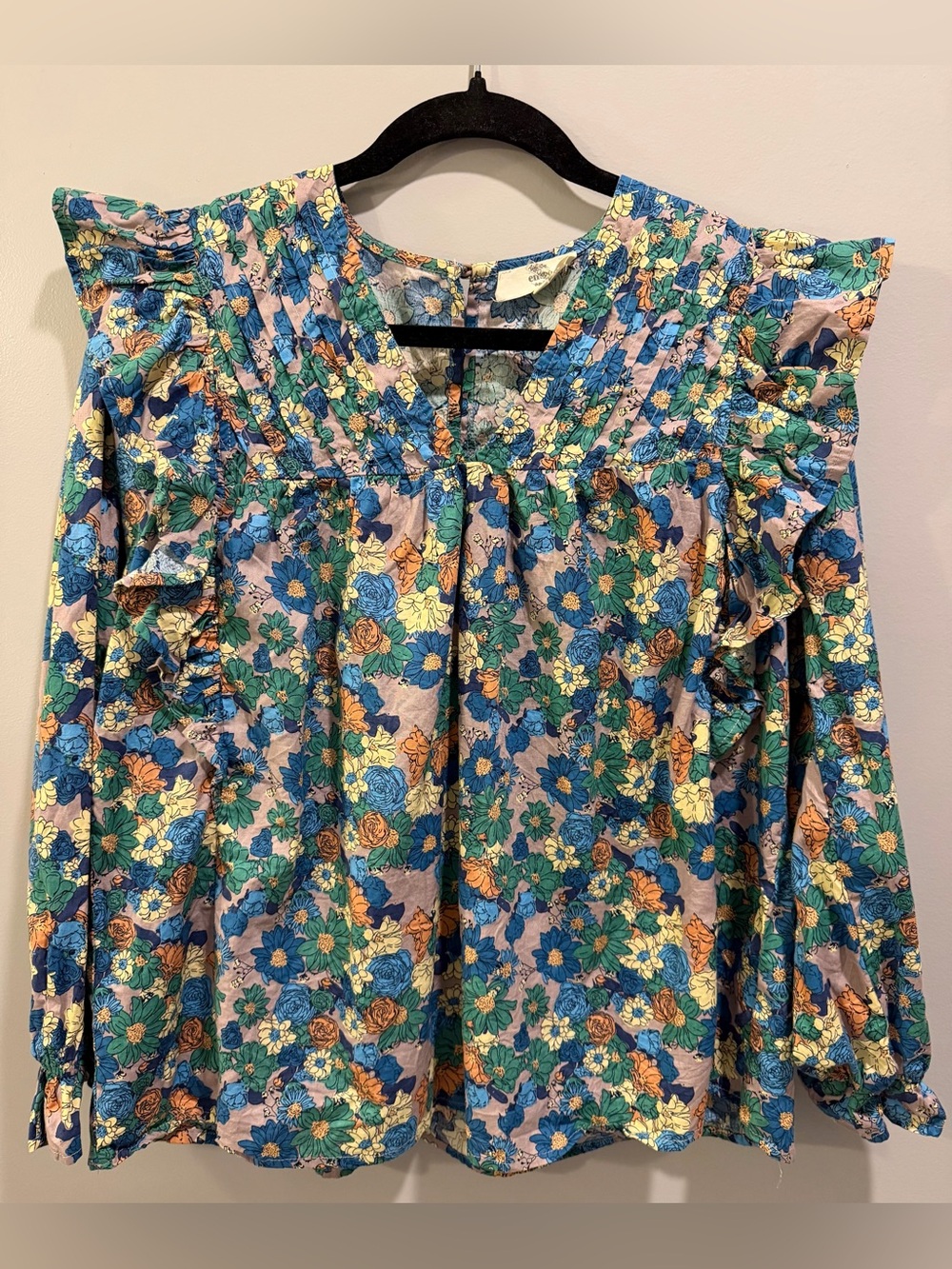 Entro Long Sleeve Ruffle Detail Floral V-Neck Blouse Grey Multi Size S